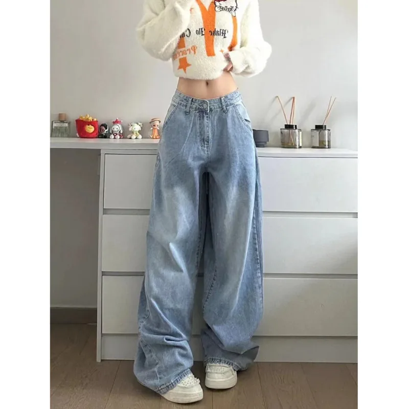 Hello Kitty Sanrio Y2k Denim Pants Retro Letter Embroidery Jeans High Waist Loose Wide Leg Trousers High Street Pants For Women