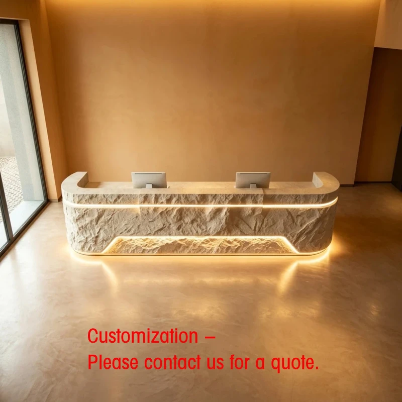 custom.Modern Wooden Stone-Patterned LED Reception Desk, Hotel Bar Counter, Exhibition Hall Reception Desk