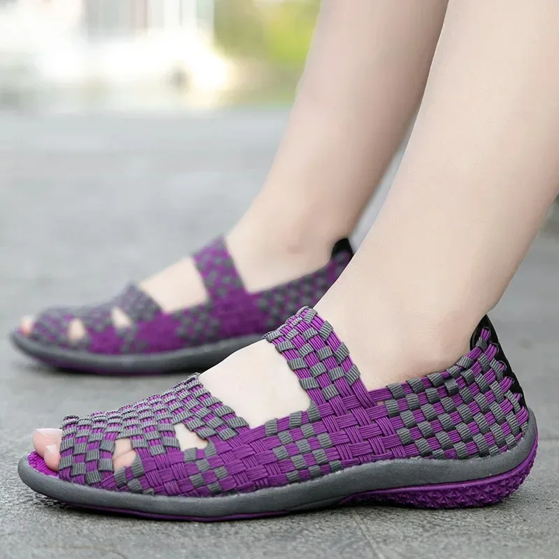 Spring Summer Women's Sandals Korean Style Elastic Weave Casual Fashion Sports Shoes Ladies Lazy Shoes Rubber Upper Material