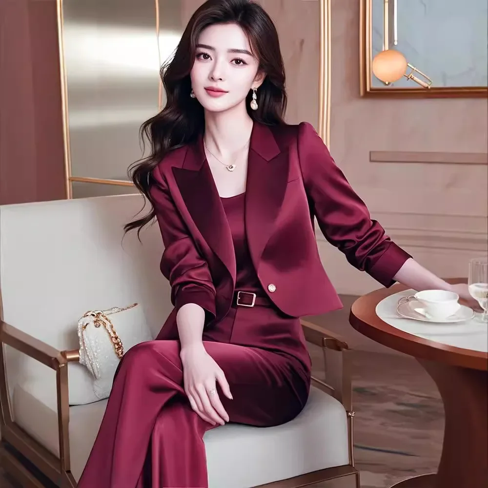 A complete set of temperament, a sense of high-end wear, generous and decent, small fragrant style, burgundy suit pants,