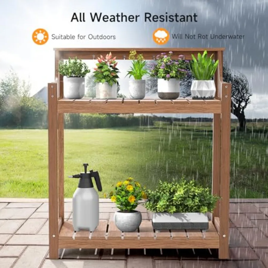 HDPS Potting Bench, All Weather Potting Table with 8 Hooks and Highten Tabletop, Easy Assembly Garden Work Bench, Outdoor Potti