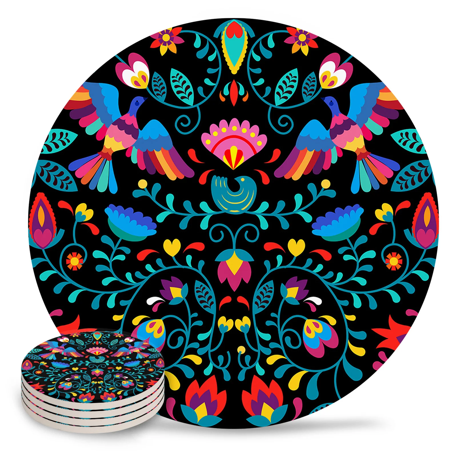 Mexican Festival Pattern Texture Coasters Ceramic Set Round Absorbent Drink Coaster Coffee Tea Cup Placemats Table Mat