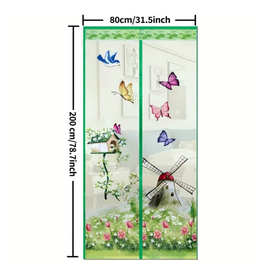 Summer Colored Printed Magnetic Screen Door, Fashionable Windmill Green Mesh Door Curtain, Home Use, Drill-Free Magnetic Mesh Sc