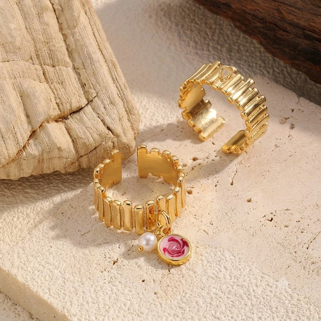 1 Stück 18K Vergoldeter Fingerring mit Öse, Schmuckherstellungszubehör, Unregelmäßiger Streifen-Offener Ring-Basis, DIY-Zubehör – Detail 2