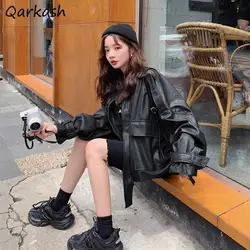Basic Jackets Women PU Cool Zipper Pockets Design Streetwear Outwear Harajuku Trendy Mujer Ins Ulzzang Loose Cozy Popular Teens