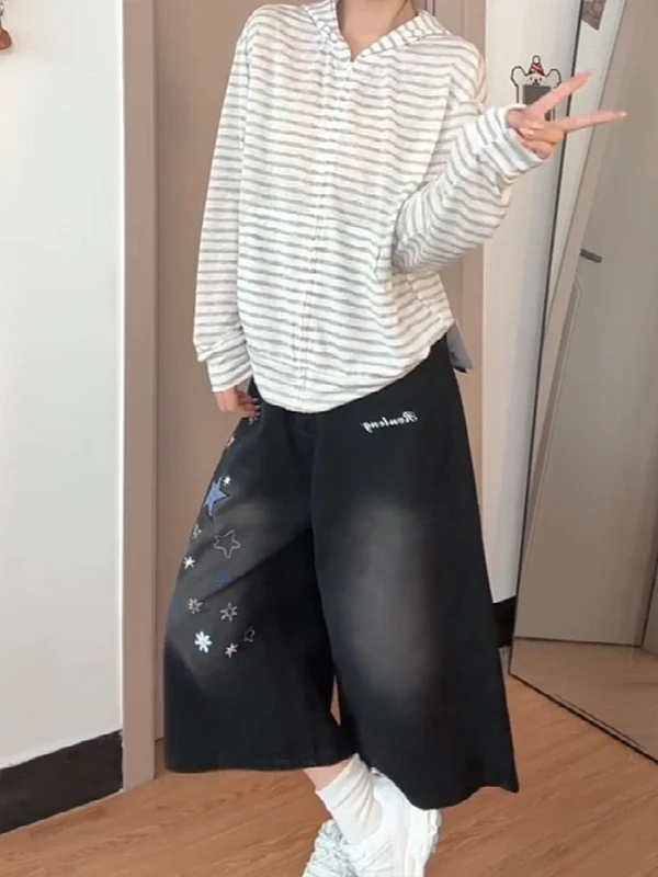 Sweet Cool Spicy Star Embroidery Loose Fit Seven-Foot Jeans Women's Summer Design Wide Leg Pants Casual High Waist Zipper