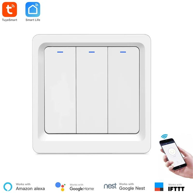 

‌ Умный настенный выключатель Tuya — 3-панельный беспроводной переключатель для домашней автоматизации, работает с Alexa/Google Home, ЕС 100-240 В