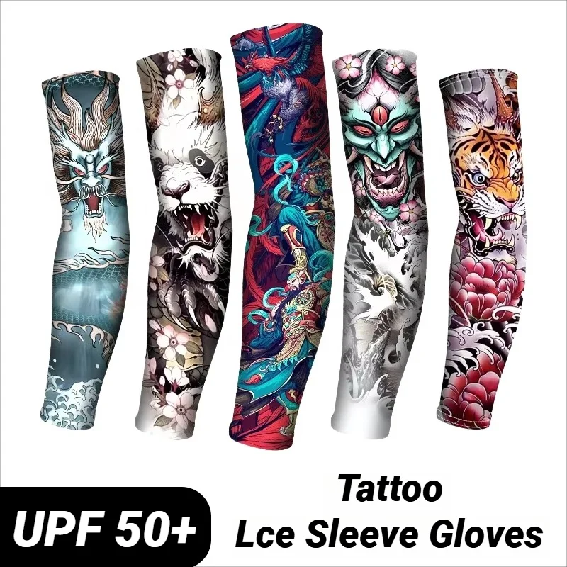 Long Summer Tattoo Sleeves Seamless Armguard Sun Protection Cover Outdoor Gloves Driving Ice Silk Arm Golf Sleeve Cycling