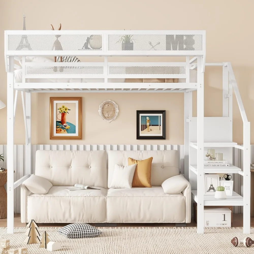 Wardrobe, Loft Bed with Solid Twin Size Metal Loft Bed Frame with Convertible Staircase, Built-in Storage Shelves