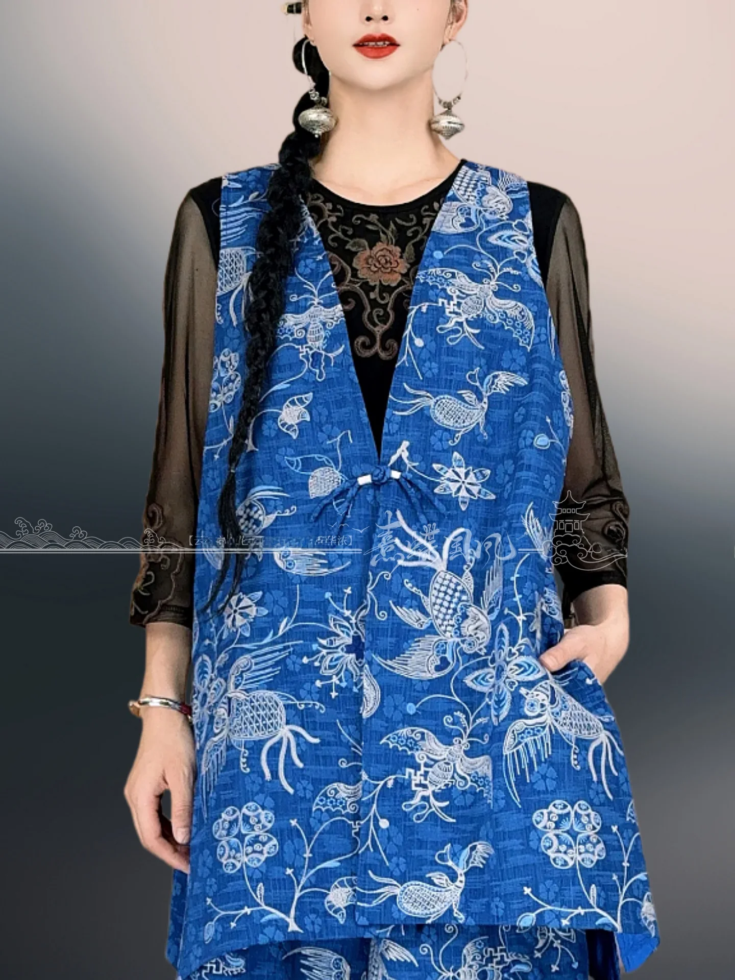 

Женский универсальный топ-жилет Ele National Sle из хлопка и льна с вышивкой, V-образным вырезом и пуговицами, средней длины