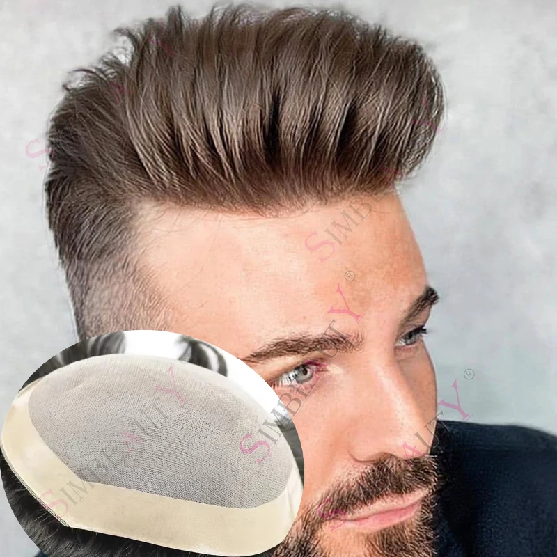 

Chocolate Brown Human Hair Durable Strong NPU Mono Lace Toupee Bald Prosthe Breathable 30mm Wave/Straight Men Replacement System