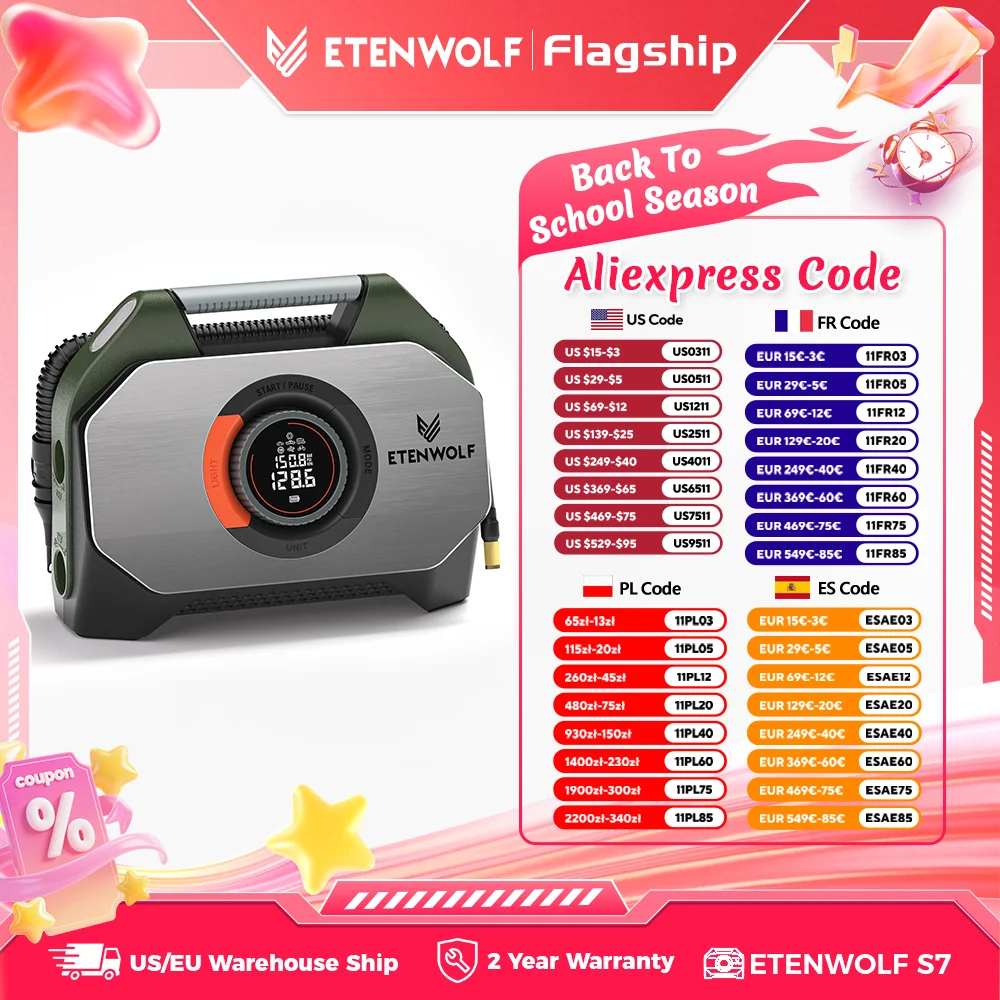 ETENWOLF S7 Tire Inflator Portable Air Compressor for Heavy-duty Vehicle Cordless Air Pump for Car Inflatables 38400mAh Battery