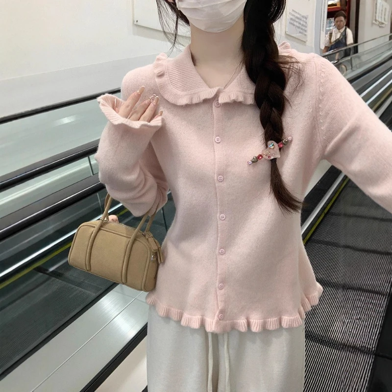 All Match French Peter Pan Collar Long Sleeve Knitted Cardigan Y2k Elegant Fungus Edge Single Breasted Sweater Harajuku Sweater