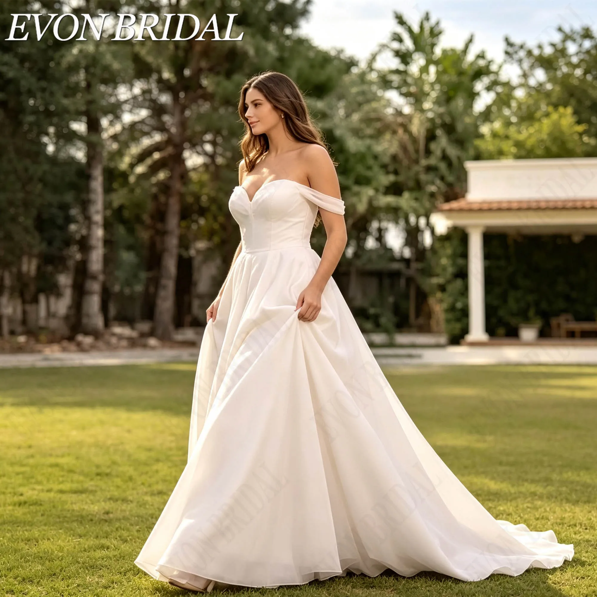 EVON BRIDAL Vestido de novia talla grande hombros descubiertos escote corazón corte línea A vestido de boda romántico para mujer personalizado hecho a medida tela suave elegante para ceremonia boda exterior fiesta