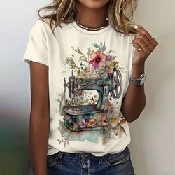 T-Shirt For Women Sewing Machine Pattern Printing Fashion Casual Women Summer Short Sleeve O-Neck Female Clothing