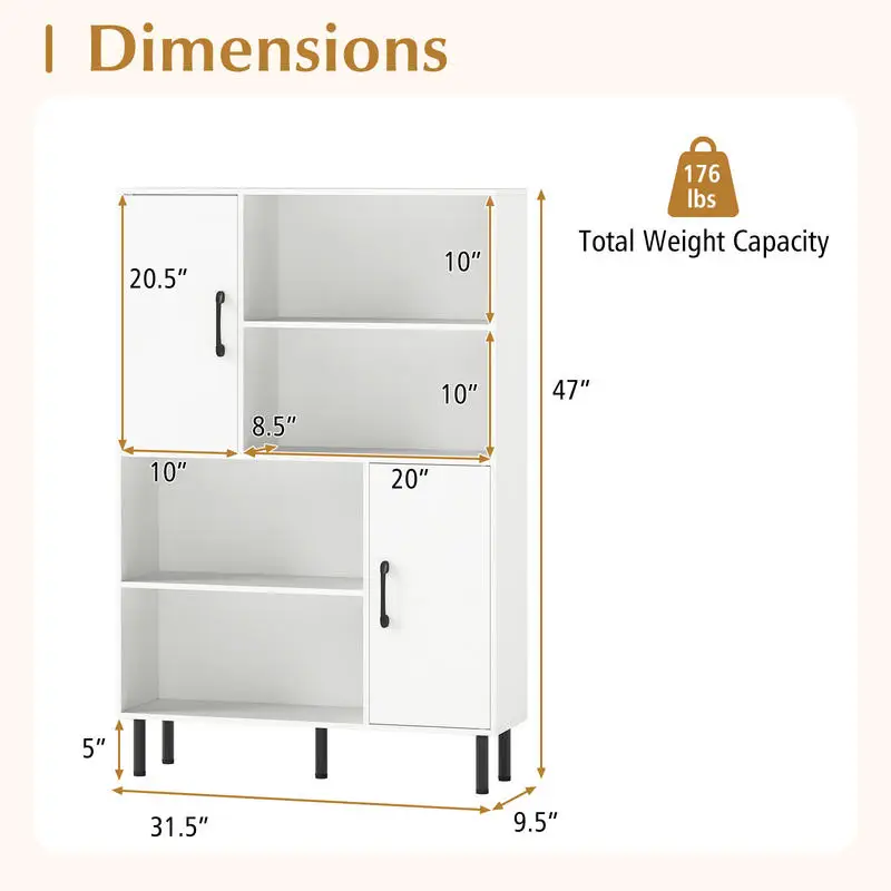 

47 Inch Storage Cabinet Freestanding Bookcase with 2 Doors and 4 Open Shelves-White