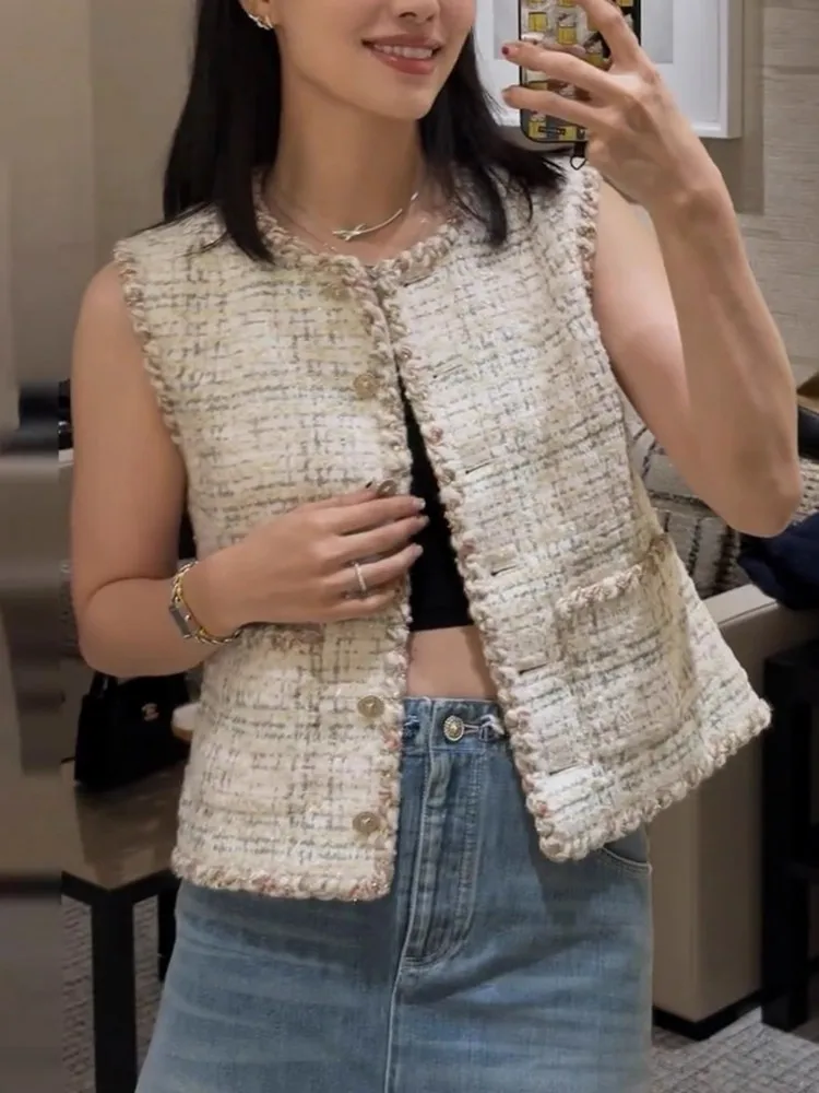 Fashion Women Tweed Sleeveless Jacket Single Breasted O Neck Casual Plaid Waistcoat Elegant Office Women Slim Fit Short Vest