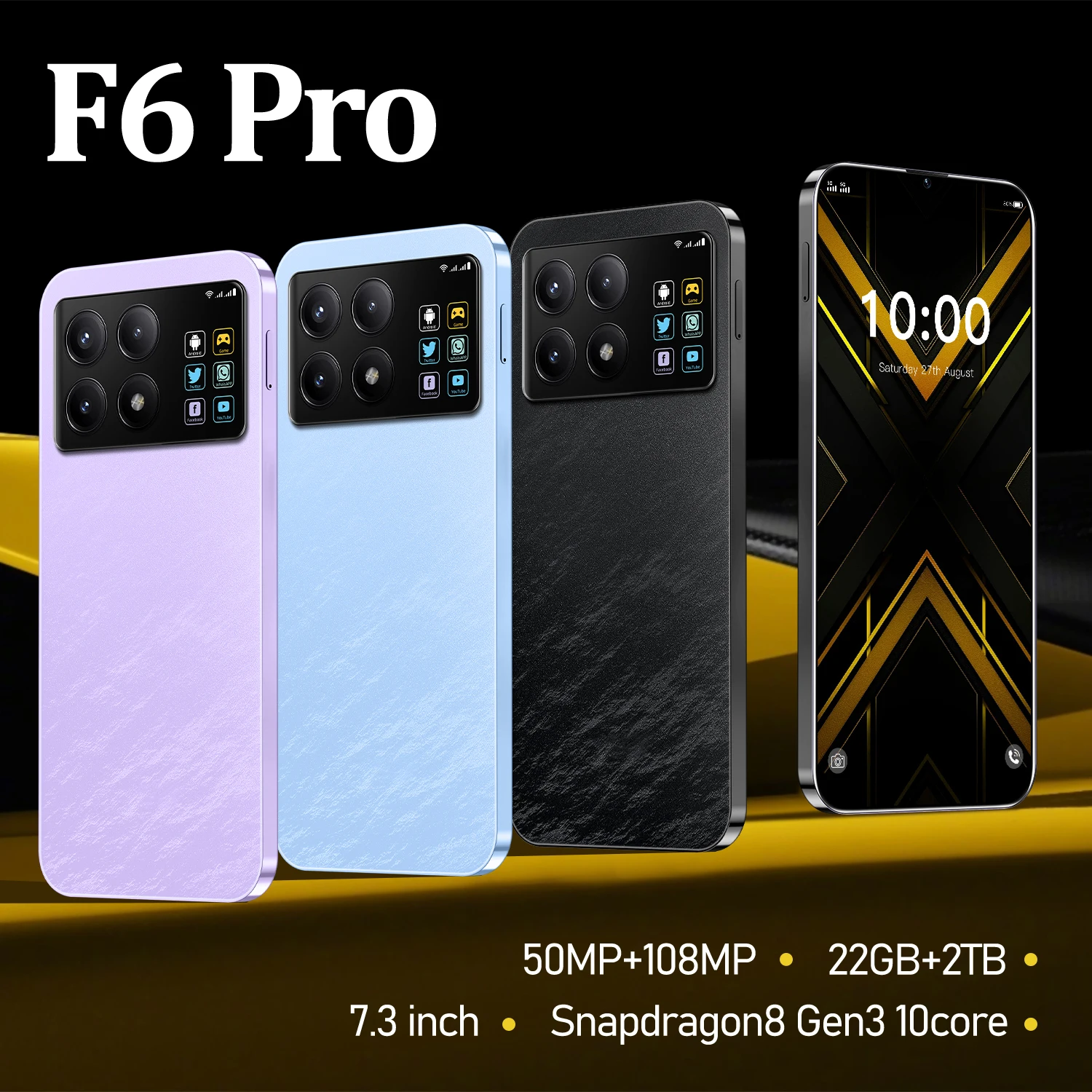 

Global Version F6 Pro Smartphone 5G 7.3" HD Screen Snapdrangon 8 Gen3 Ten Core 108MP Camera 22GB+2TB Cell Phone Unlocked Mobile