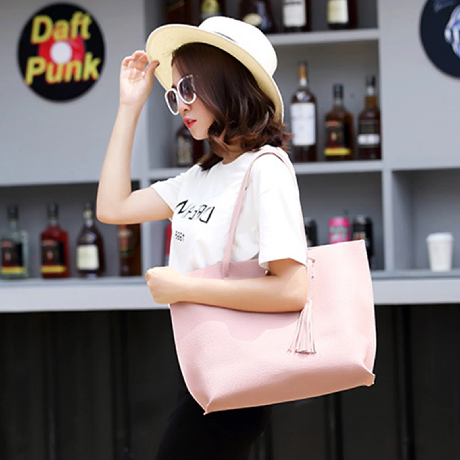 

Women Large Tote Bag with Zipper Pure Color PU Leather Tote Bag for Business Trip Travel Dating Shopping