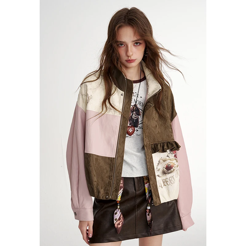ELFSACK Women's Floral Patchwork Bomber Jacket with Graphic Print, Loose Outerwear for Everyday Casual