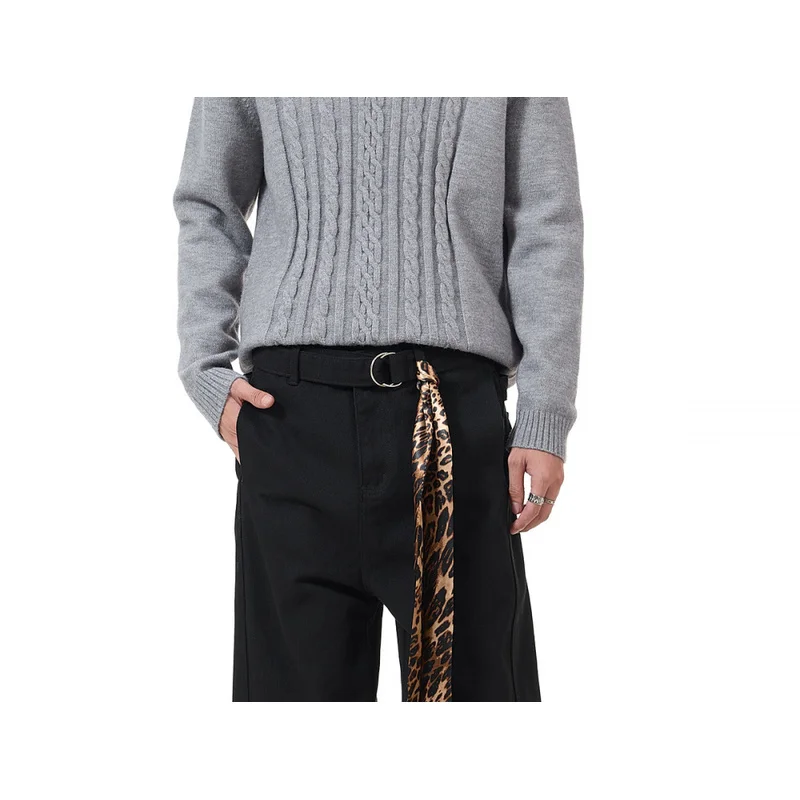 QICHE Fashion Draped Wide‑Leg Jeans Men Leopard Ribbon Detail Loose High Waist Floor‑Length Retro Trendy Long Pants