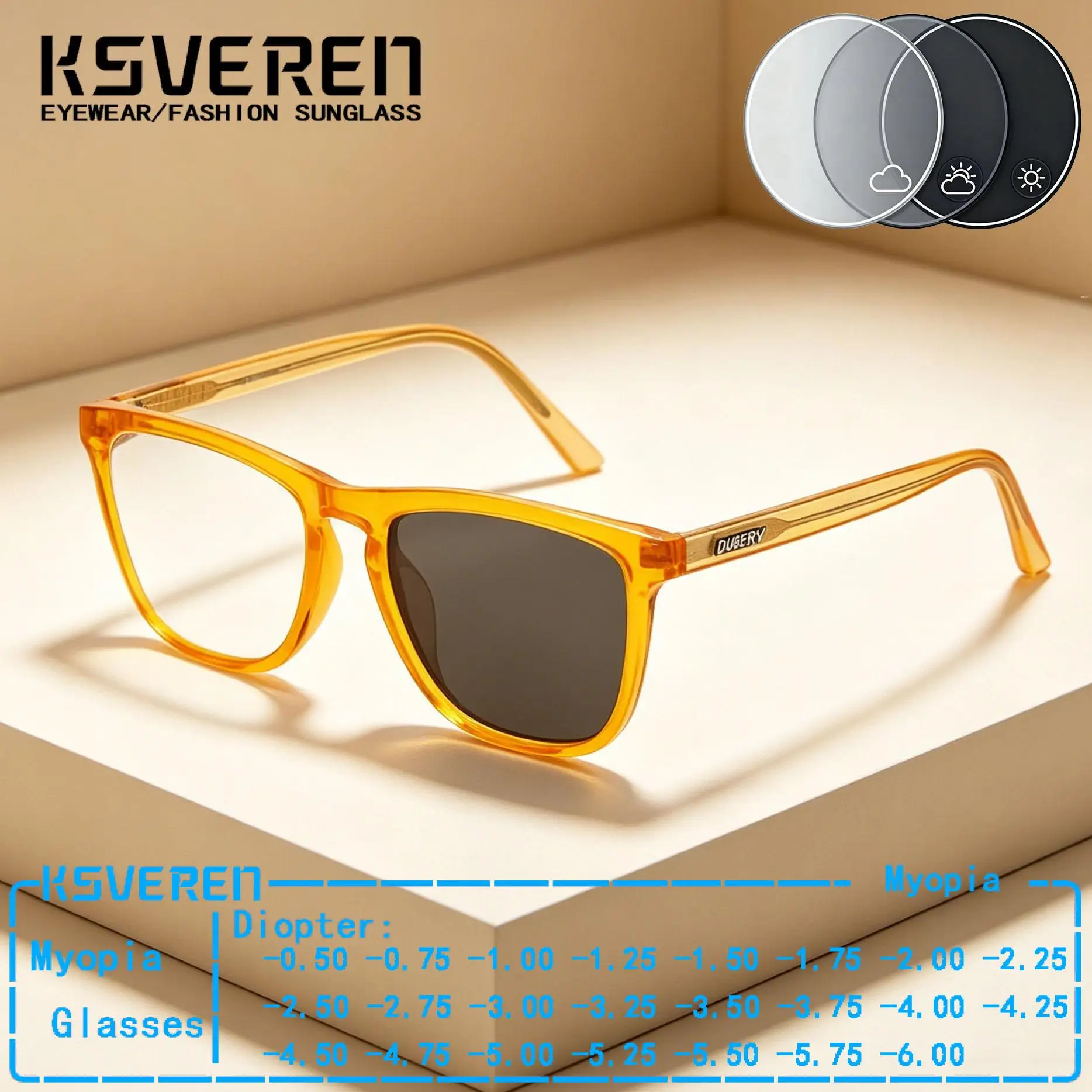 TR90 Quadratische Photochrome Myopie-Brille für Männer und Frauen Markenqualität Farbwechselnde Fahrbrille Kurzsichtige Sehhilfe mit Negativer Dioptrienzahl ﻿