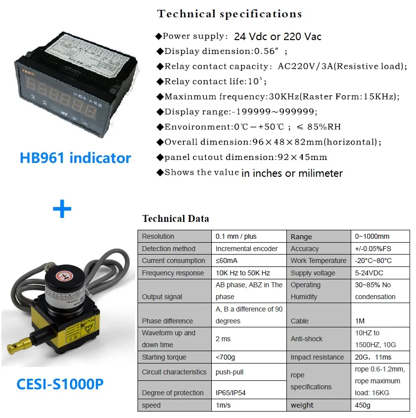 CALT draw wire position sensor 1m stroke  with 6 digital display meter displacement sensor draw wire encoder