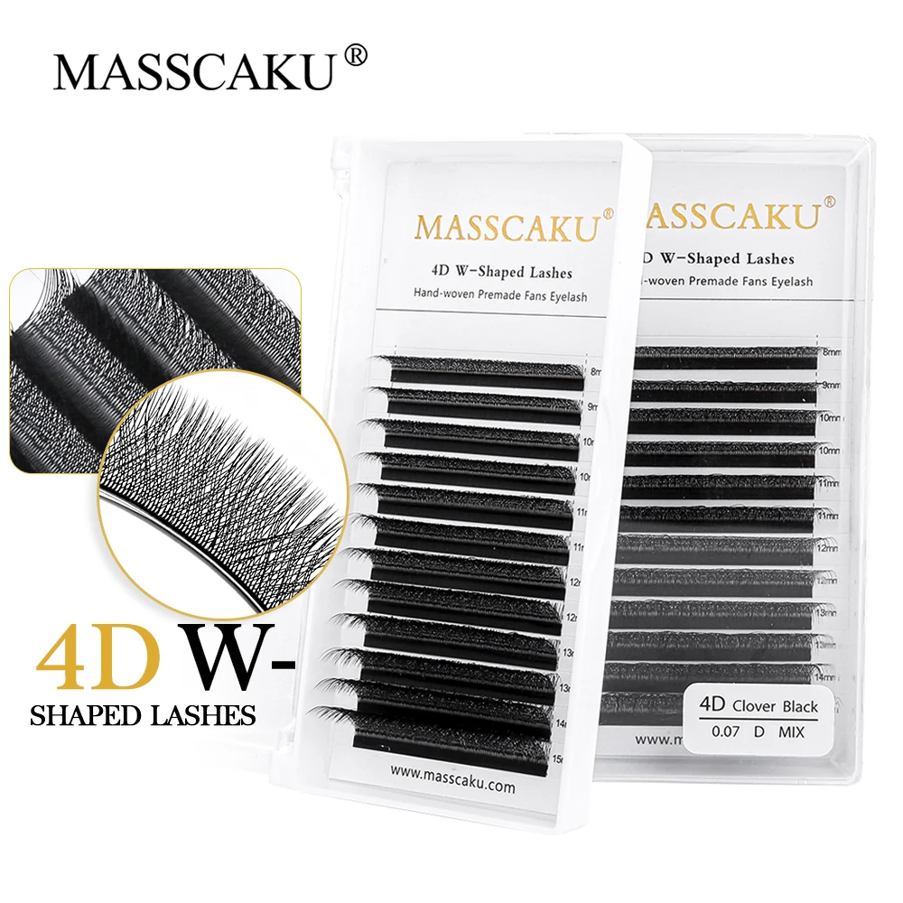 High Quality MASSCAKU 100% Handmade Premium Korean PBT Material W Shaped Eyelashes Matte Black Synthetic Silk Eyelash Extension