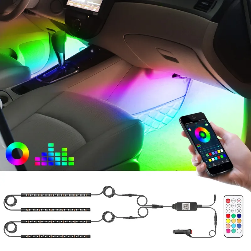 RGB LED Car Interior Strip Light with Remote & Application Control, 15 LEDs Each, for 12v Car & Truck