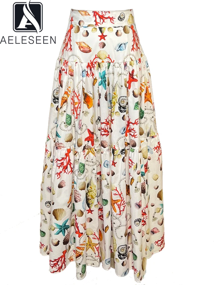 AELESEEN Sicilian Summer 100% Cotton Skirt For Women High Qaulity Contrast Color Shell Conch Print Long Party Skirt Poplin