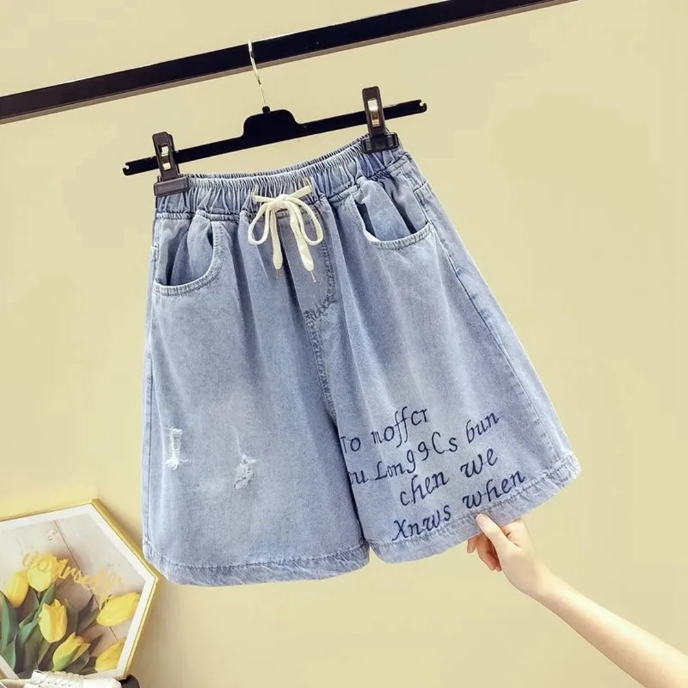 Summer Denim Shorts women Plus Size Elastic High Waist Ladies Shorts Female Hole Letter Loose Womens Denim Short Pants