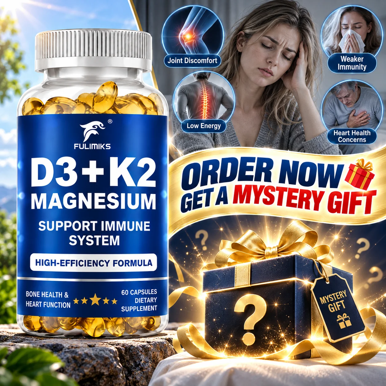 Vitamin D3 K2 with Magnesium Supplement, Boost Immune System, Support Bone Muscle Health & Heart Function, for Restful Sleep