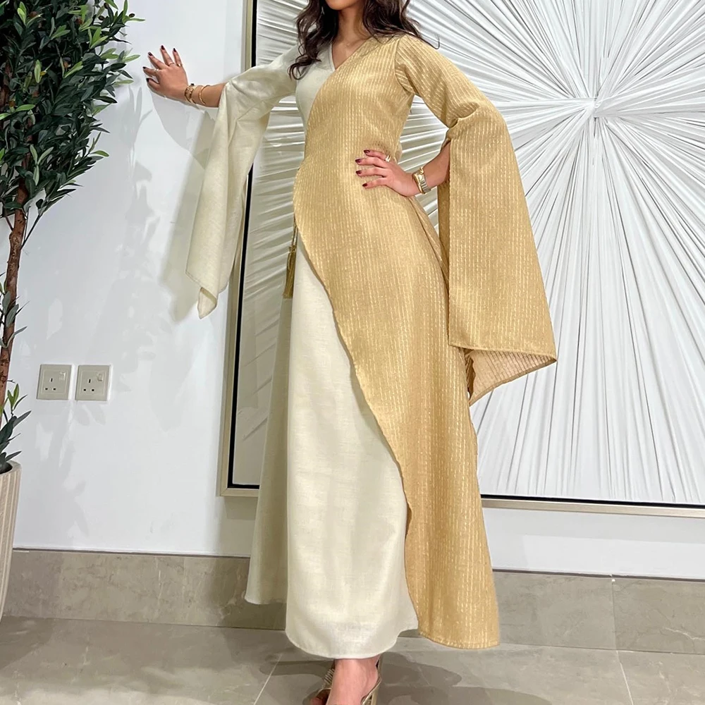 Customized Modern Off the Shoulder Chiffon Evening Dresses Temperament A-Line Ankle Length V-Neck Long Sleeves فساتين سهره نسائي image 2