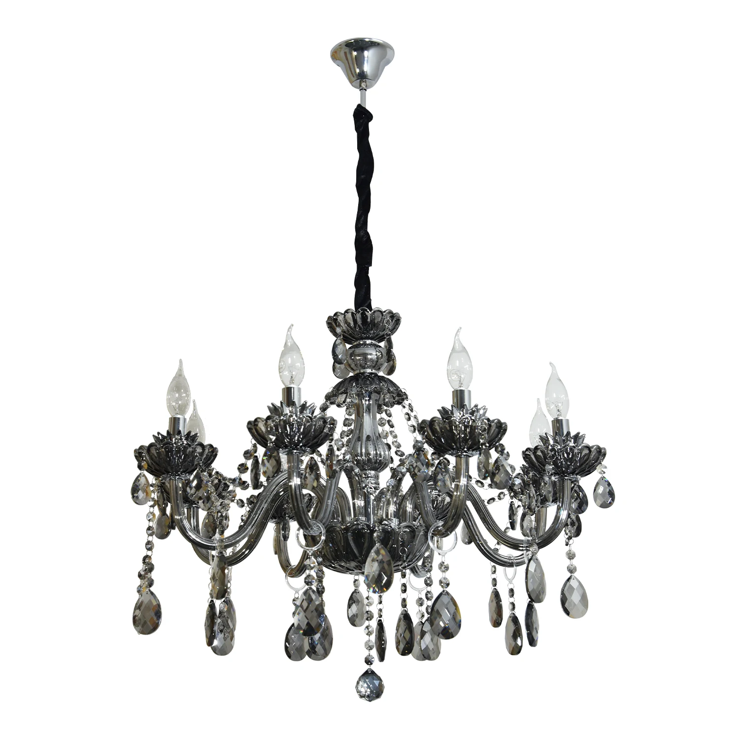 

European smoky gray crystal chandelier indoor hotel bar warm white candle luster