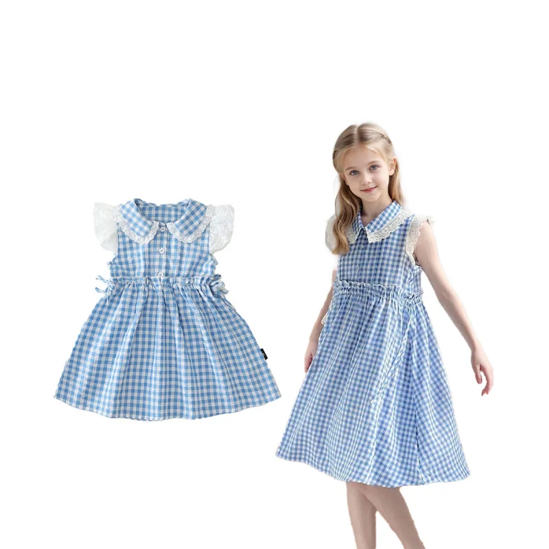 

Girls' Dress2025Summer New Lace Small Flutter Sleeve Turn-Down Collar Plaid Drawstring Waist Children's Dress