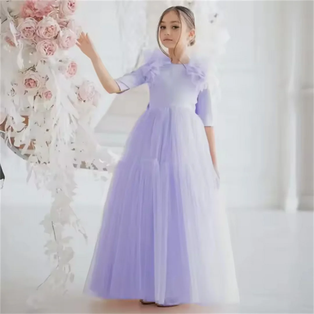 Aangepaste bruiloft verjaardagsfeestje tule met strik halve mouw lichtroze bloemenmeisjesjurken voor banketprinsesjurken