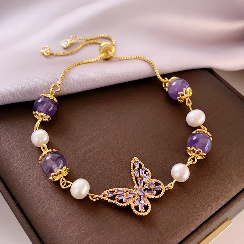 

Новое поступление, модный фиолетовый кристалл, бабочка, натуральный пресноводный жемчуг, 14-каратное золото, женский браслет-подвеска, рекламные подарки