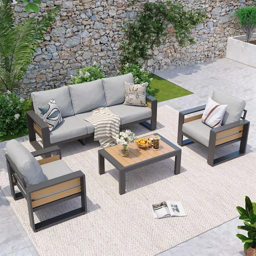 

Luxury 5-Piece Metal Patio Furniture Set with Thick Cushions and Sofa, Ideal for Outdoor Spaces