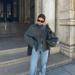 Women Gray Knit Cloak Coats Fashion Poncho Coat Long Sleeve Button Casual Cape Jacket Street Outerwears Jackets New Winter Fall