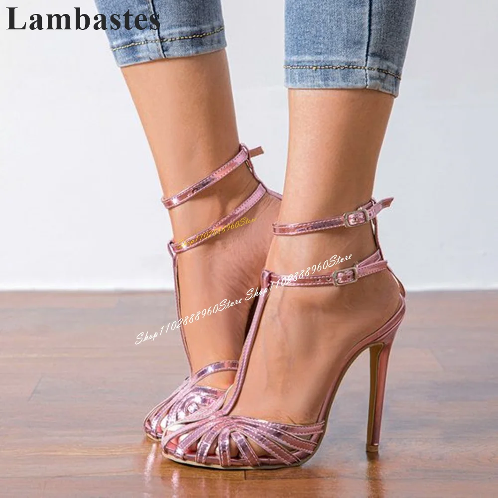 Luxury Pink Metallic Narrow Strappy Sandals Thin High Heel Shoes For Women Ankle Buckle Strap Round Toe 2024 Zapatillas Mujer