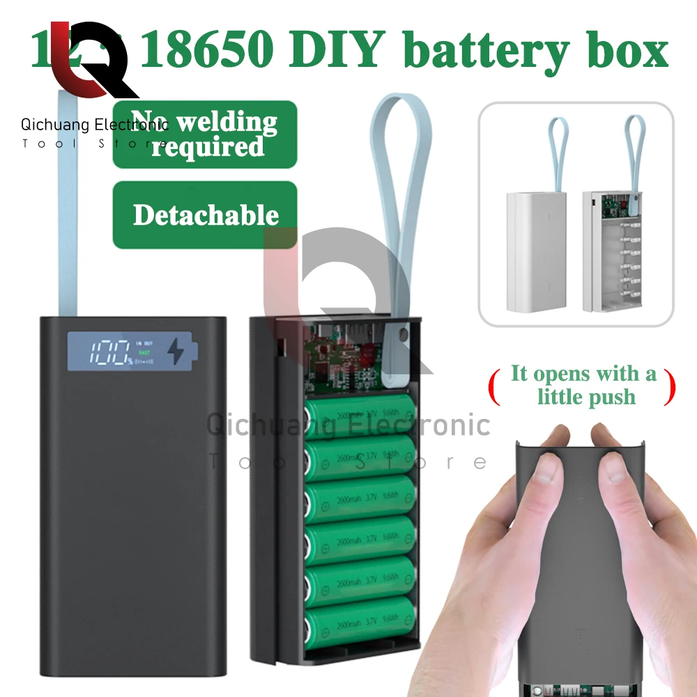 12Pcs 18650 Battery Solderless Power Bank Case DIY Battery Storage Boxes With LED Lights Detachable Push-pull Power Bank Kit