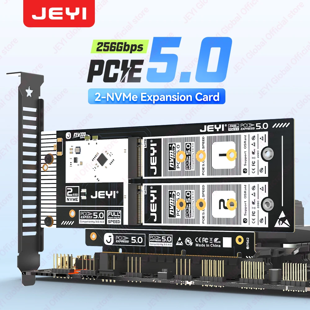 

JEYI PCIe 5.0 to Dual M.2 NVMe Adapter - Card Supports X8/X16 Slot for 22280/2260/2242/2230 SSDs Soft RAID Support