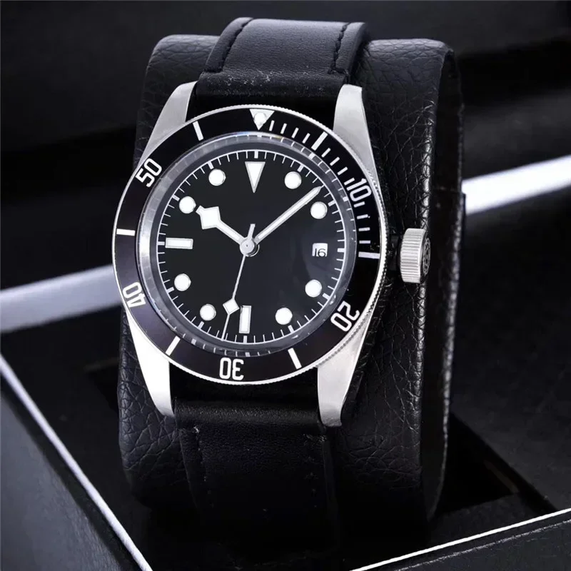 Luxury New Men Automatic Mechanical Watch Stainless Steel Black Blue Ceramic Sapphire Glass Leather Wristwatch 42mm