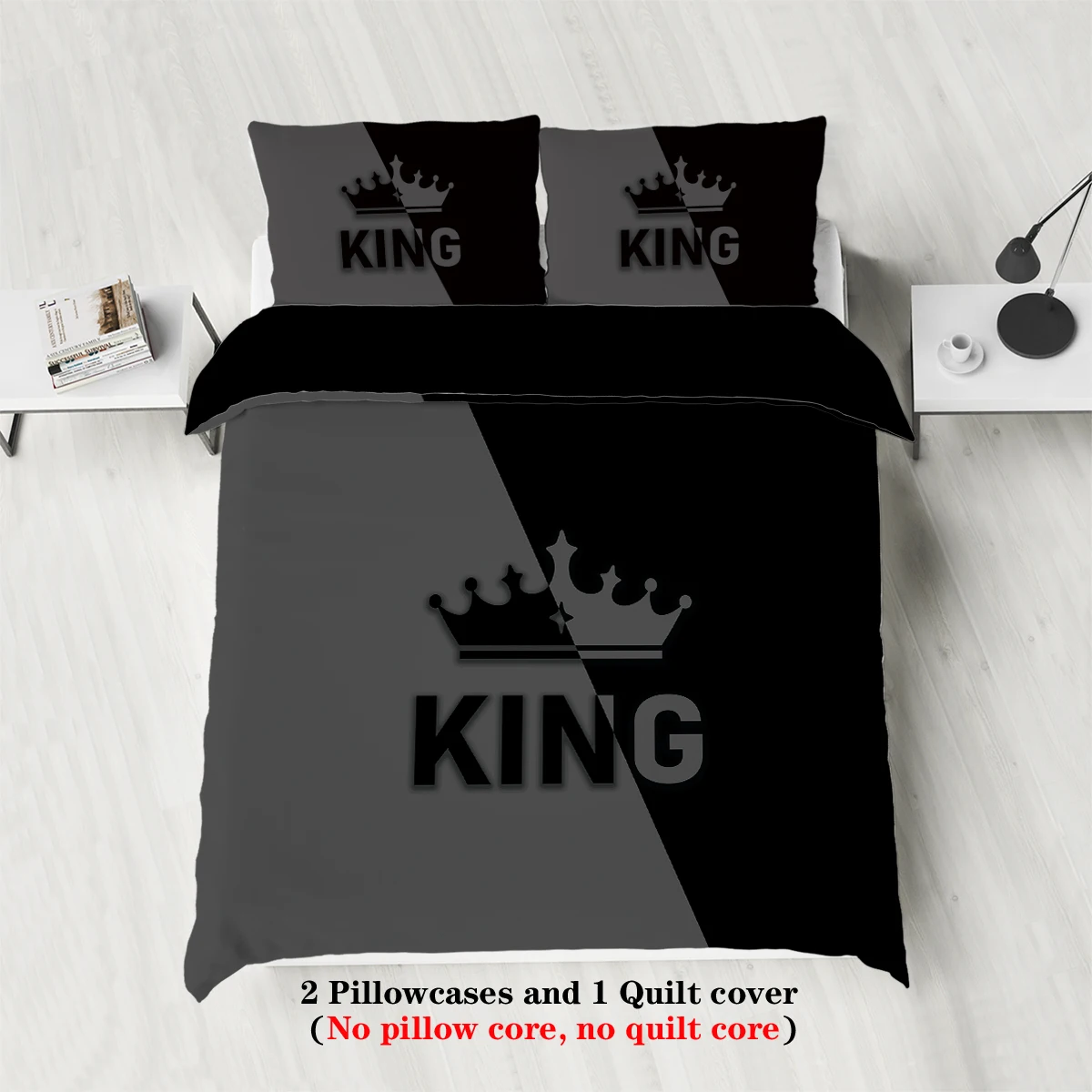 3pcs fashionable black grey KING and QUEEN design printed bedding set, soft, comfortable, breathable duvet cover, bedroom, hotel