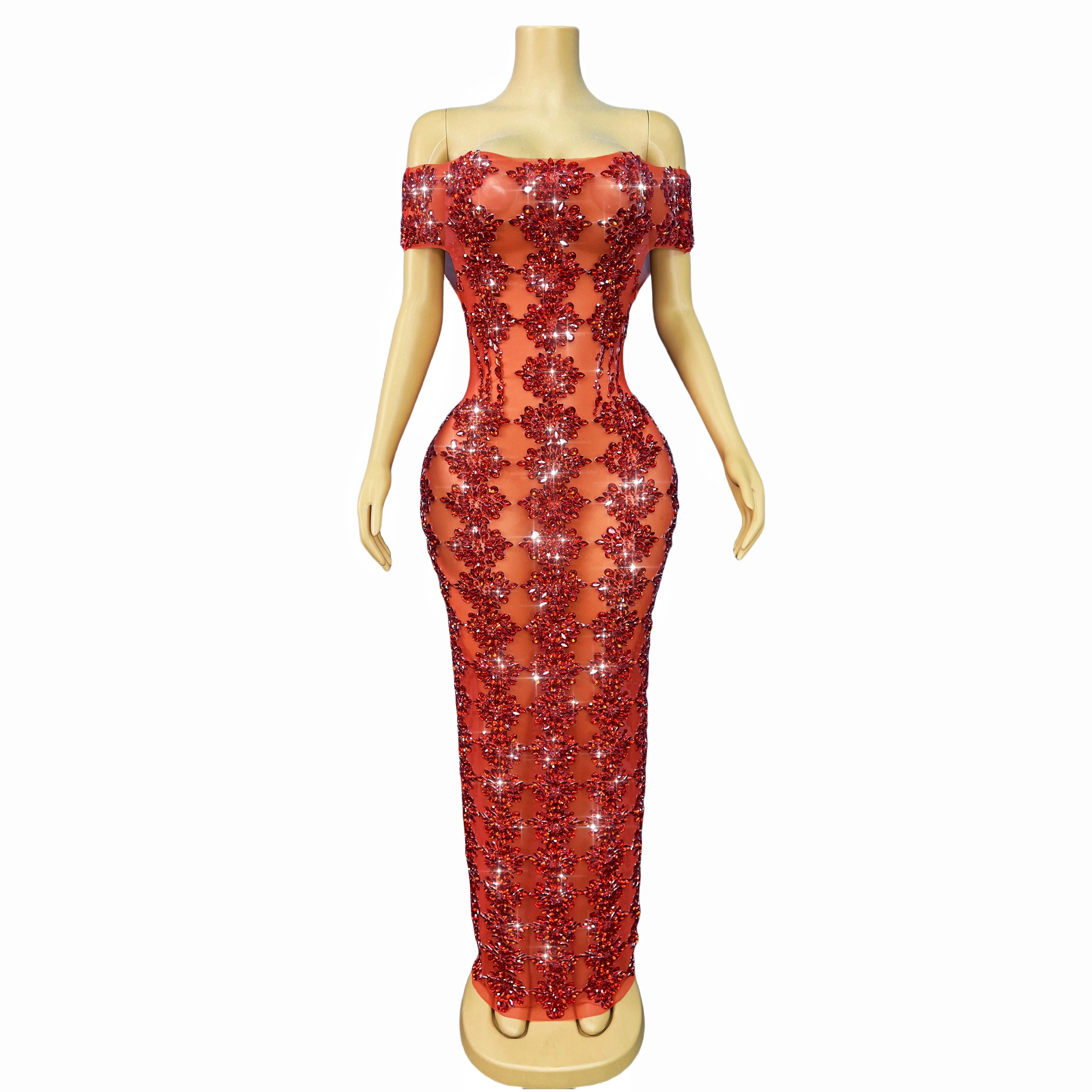 High Quality Elegant Off Shoulder Gown Twinkling Rhinestones Mesh Dress Evening Party Celebrate Red carpet Stage Outfit Yuebing