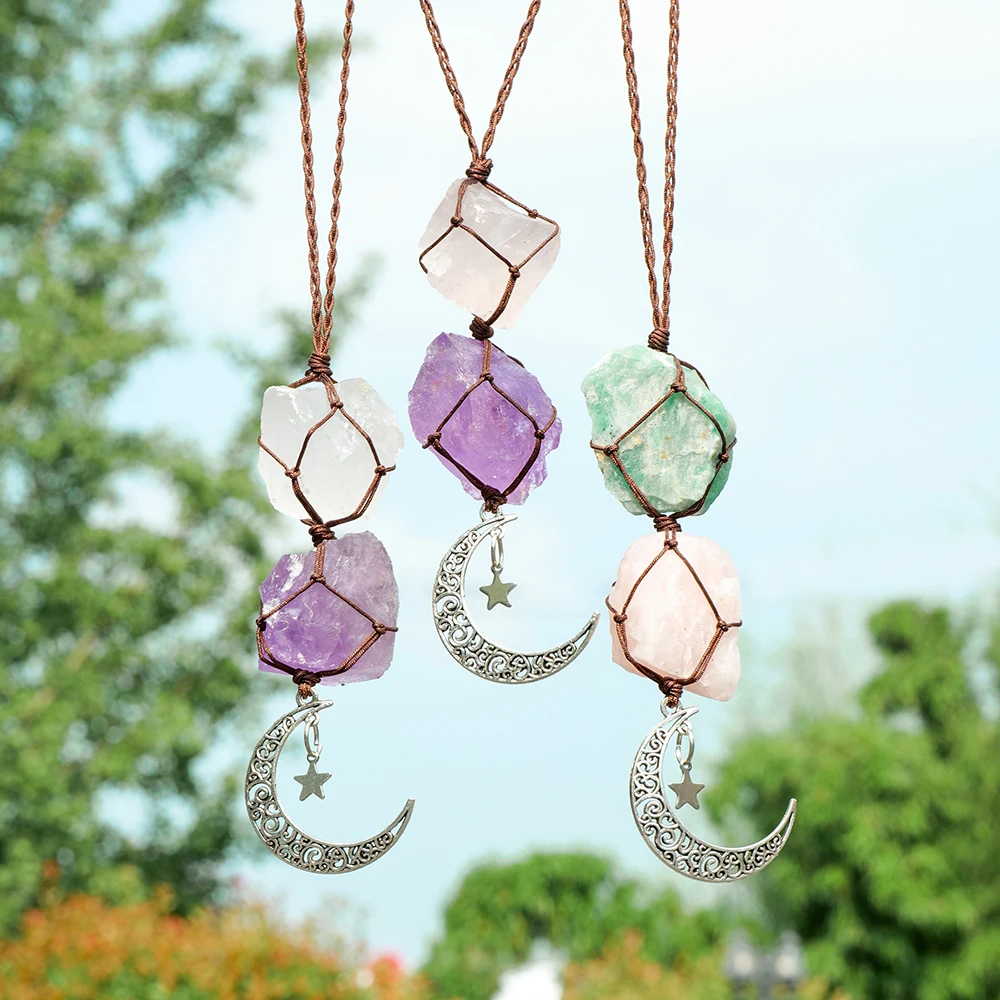 Charm Natural Gemstone Crystal Raw Stone Amethyst Rose Quartz Pendant Healing Crystals FengShui Hanging Ornament Car Decoration