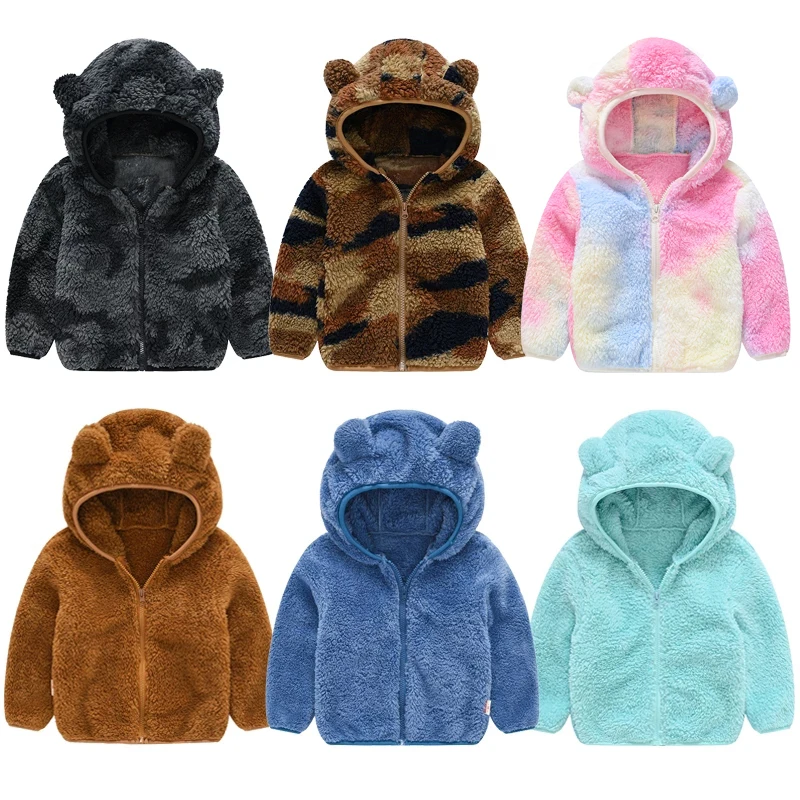 

New Plush Boys Jacket Autumn Winter Cute Bear Ears Keep Warm Princess Girls Coat Hooded Zipper Outerwear Kids Clothes 1-6 Years