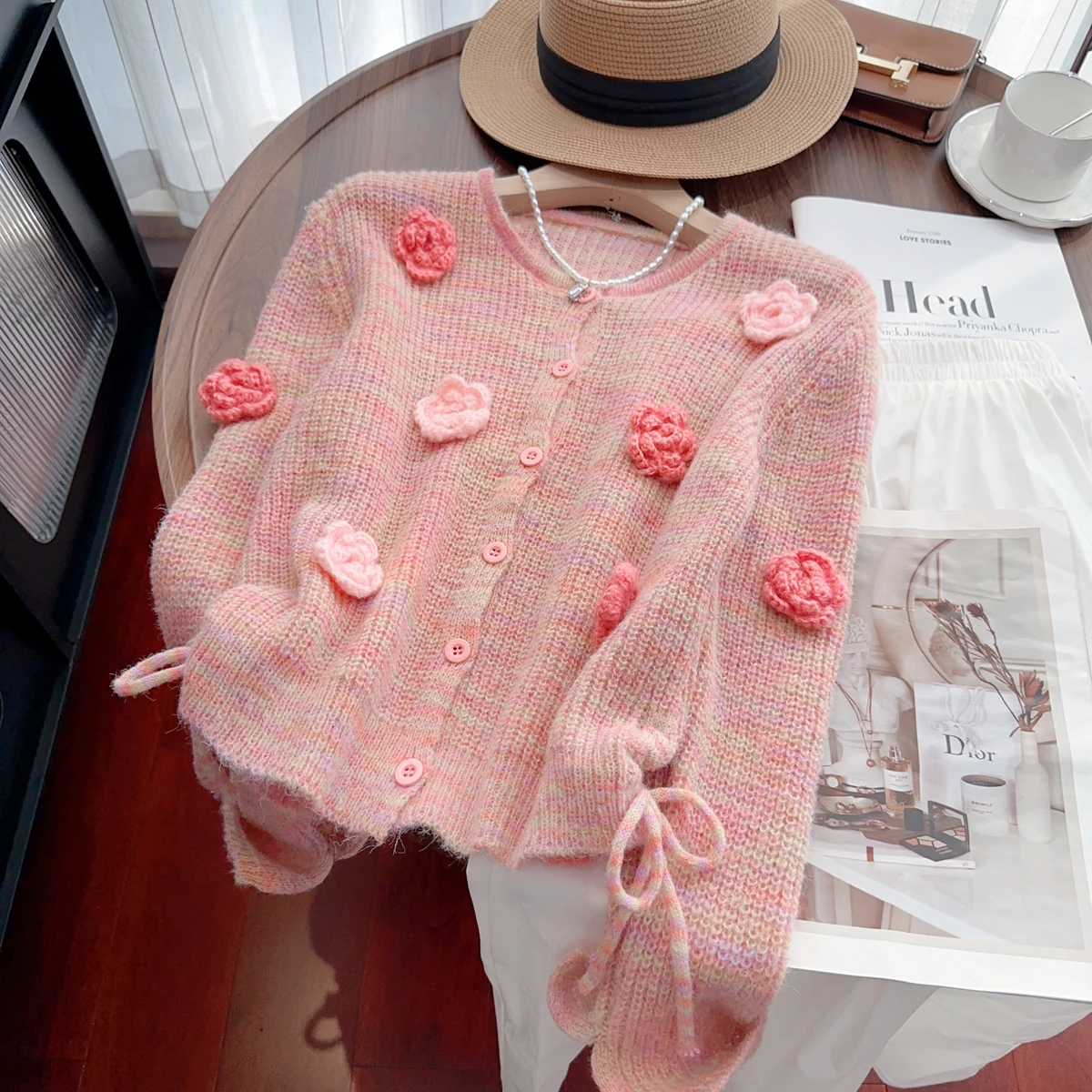 2024 Autumn Flowers Embroidery Short Sweater Cardigan For Women Long Sleeve Japanese Kawaii Sweet Clothes Knitted Pink Sweater