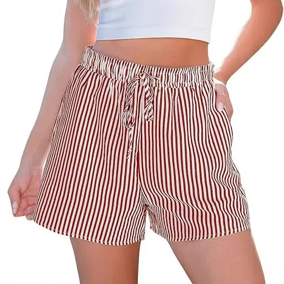 Pantaloncini a righe da donna estivi pop Vita alta da spiaggia Cintura elastica con coulisse casual con tasca Cintura leggera alla moda da donna