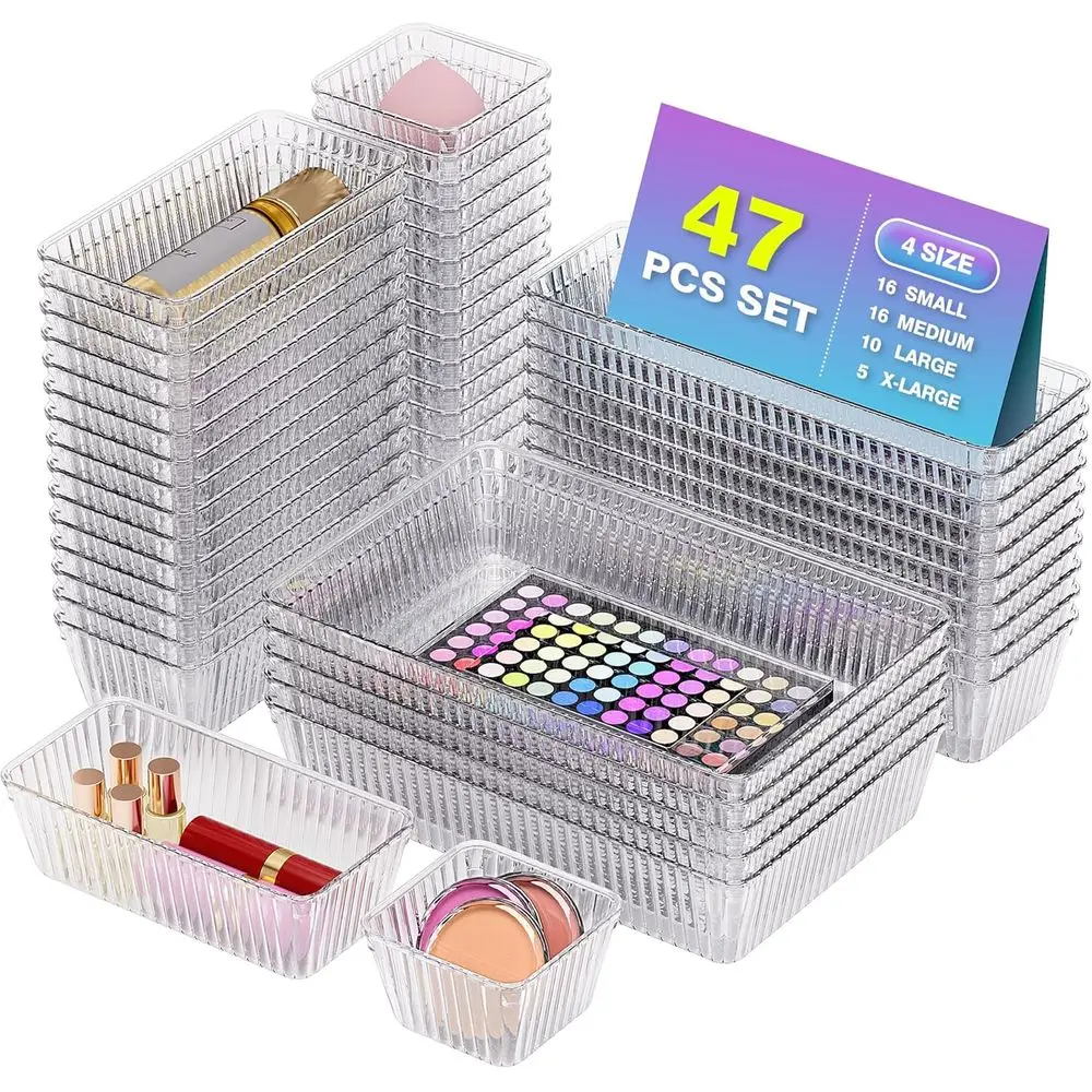

Набор из 47 прозрачных пластиковых органайзеров – 4 размера, органайзеры для косметики, разделители для рабочего стола, органайзеры для ванной и контейнеры для хранения или косметики